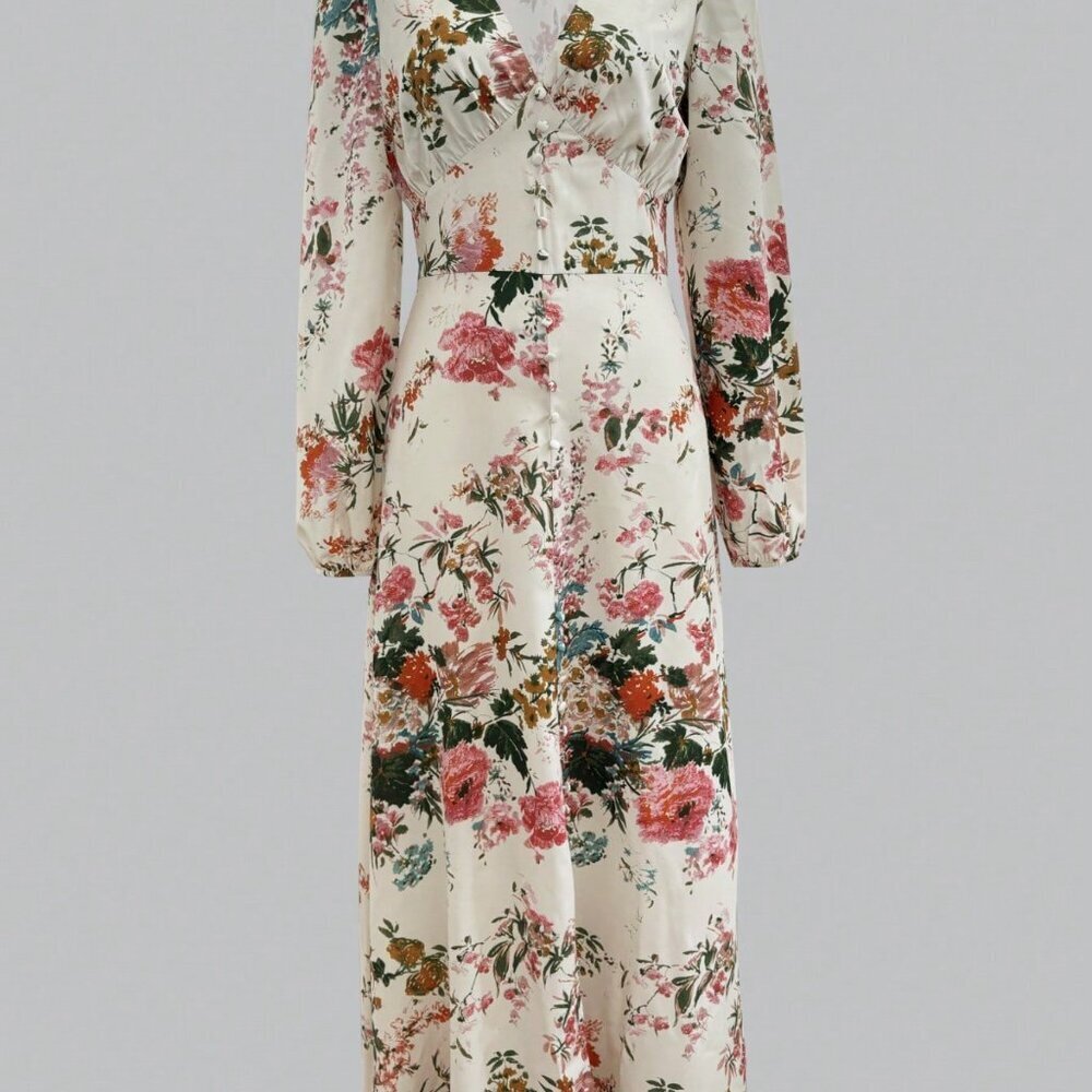 Multicolor Boho Women's Casual Elegant V-Neck Long Sleeve Floral Print Dress - Picture 4 of 8